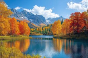 A serene autumn landscape features a reflective lake surrounded by vibrant, colorful trees and majestic mountains under a clear blue sky.